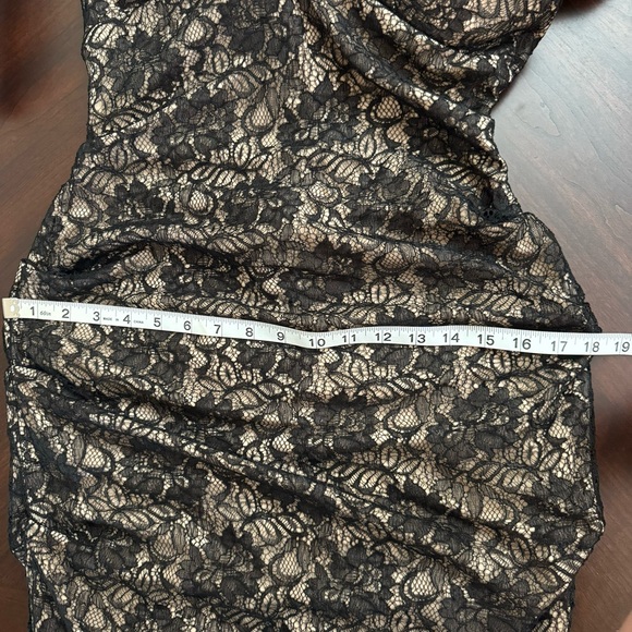 Xscape Tan Black Lace Formal/Semi midi body-con dress Sz 10. Ruched wCap sleeve. - Picture 15 of 16